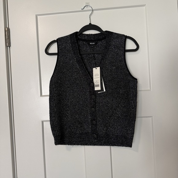 Me + Em Metallic Fancy Button Vest NEW Women's Size XS Black Silver $296 Wool - Picture 2 of 6